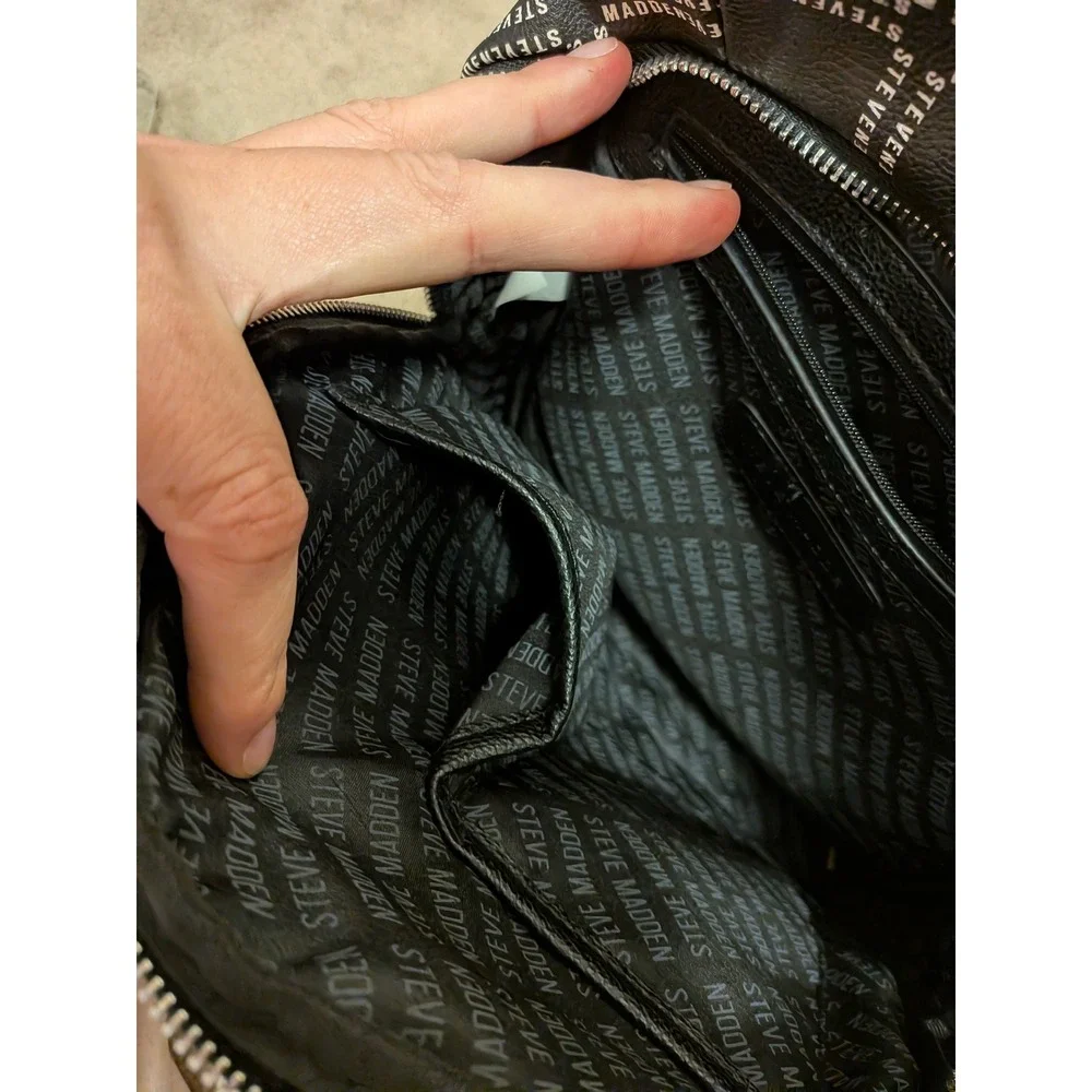 Steve Madden Black Logo Print Pebbled Leather Backpack Front Zip Pockets
